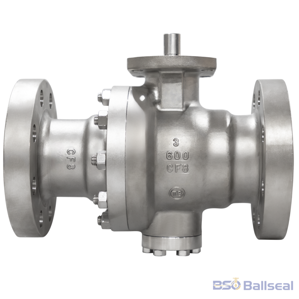 SS304 (CF8) bare stem trunnion ball valve with RF flanged ends, featuring a precision-machined ball for smooth operation and long service life.