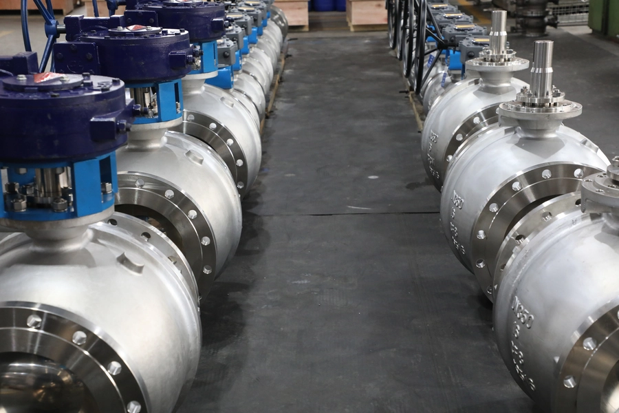 Extensive inventory of heavy-duty valve body castings inside the BSO Valve manufacturing facility.