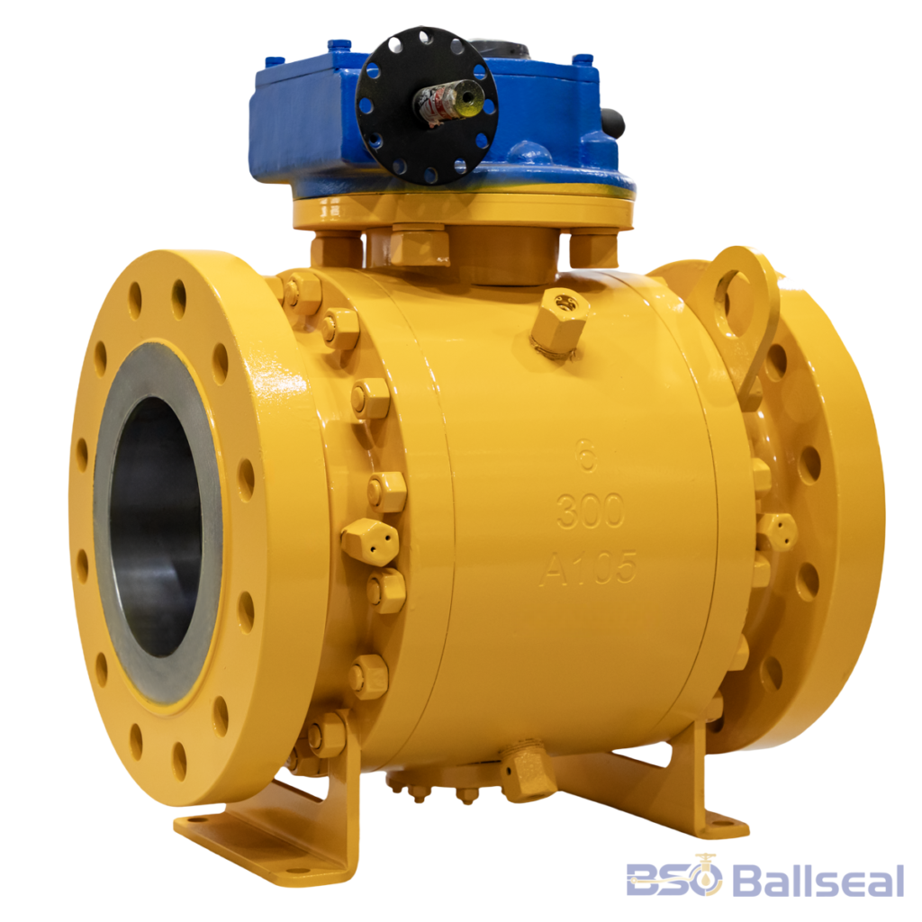 API 6D forged carbon steel A105 trunnion mounted ball valve, featuring a protective yellow finish for high-pressure gas service.