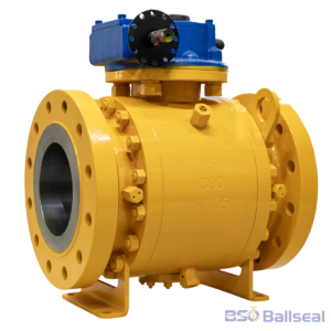 API 6D forged carbon steel A105 trunnion mounted ball valve, featuring a protective yellow finish for high-pressure gas service.