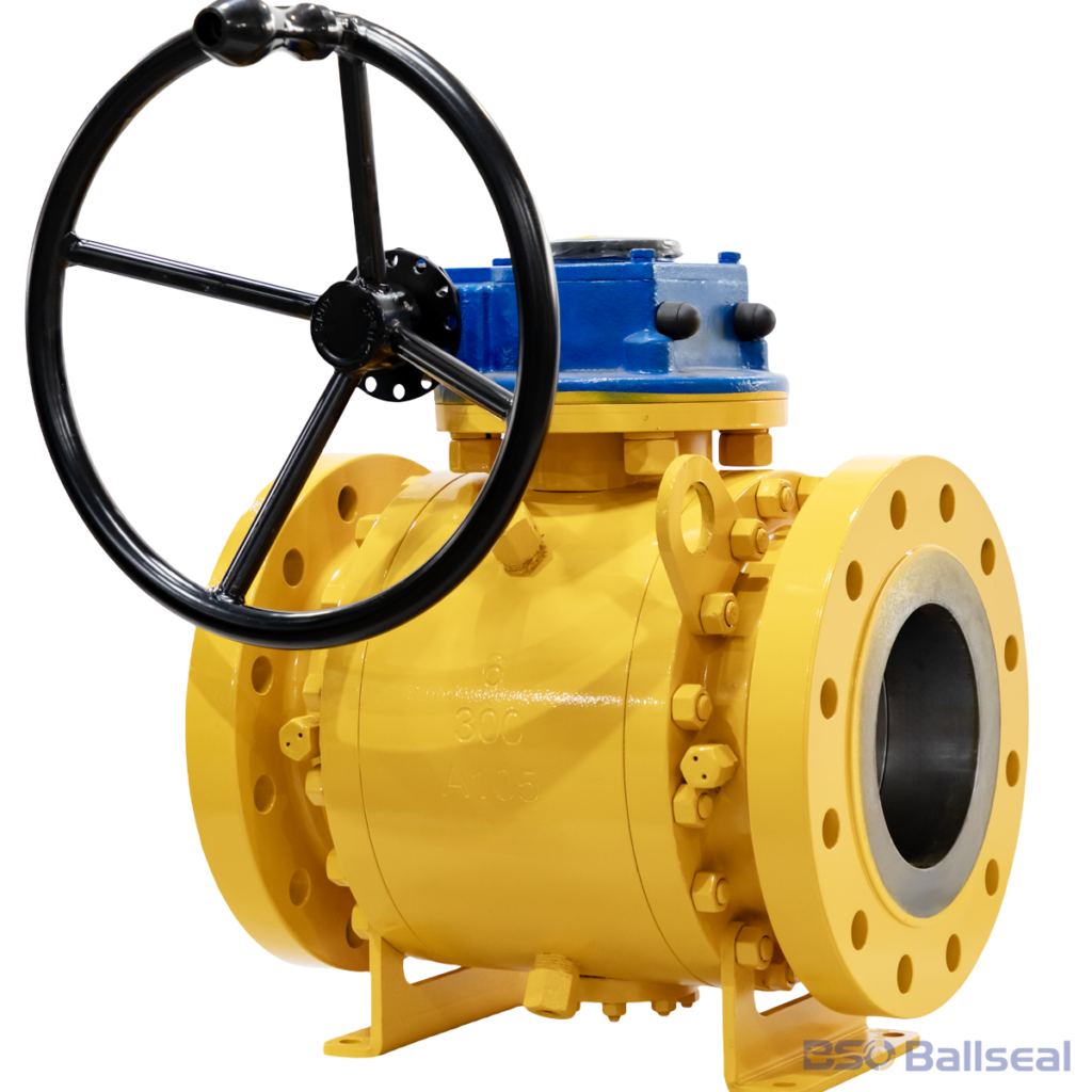 Yellow coated trunnion mounted ball valve specifically engineered for natural gas distribution systems.