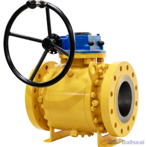 Yellow coated trunnion mounted ball valve specifically engineered for natural gas distribution systems.