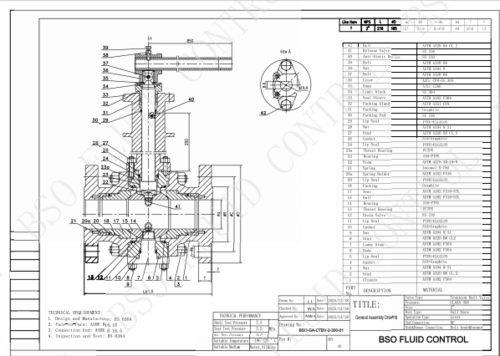 Technical GA drawing of BSO Fluid Control 2 inch Class 300 cryogenic trunnion ball valve featuring extended stem and lip seals for low temperature service.
