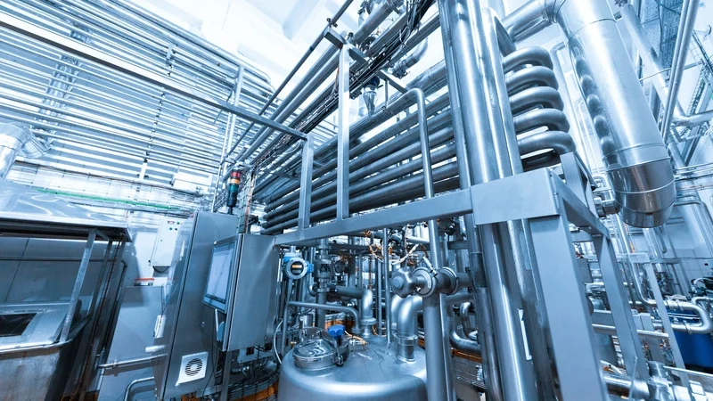 Stainless steel piping and precision fluid control valves in a modern chemical processing plant.
