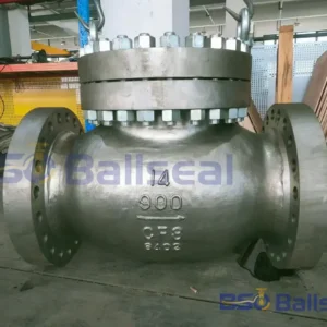 BSO Ballseal workshop floor showing a heavy-duty 14-inch Class 900 CF8 stainless steel swing check valve for high-pressure pipeline backflow prevention.