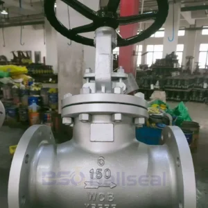 BSO Ballseal factory assembly line showing a 6-inch Class 150 WCB cast steel globe valve with flow direction arrow for industrial pipeline throttling.