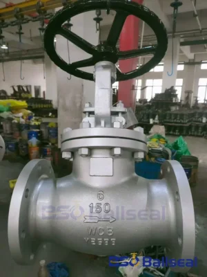 BSO Ballseal factory assembly line showing a 6-inch Class 150 WCB cast steel globe valve with flow direction arrow for industrial pipeline throttling.