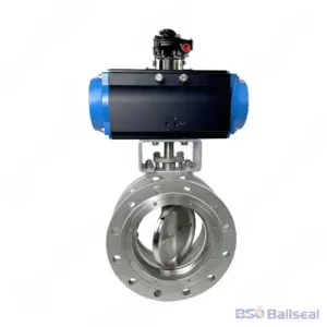Premium stainless steel double flanged butterfly valve integrated with a fast-acting pneumatic actuator, providing reliable automated flow control for chemical and water treatment plants.