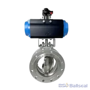 Stainless steel pneumatic butterfly valve, flanged connection, industrial automated shut-off valve for chemical and water treatment systems.
